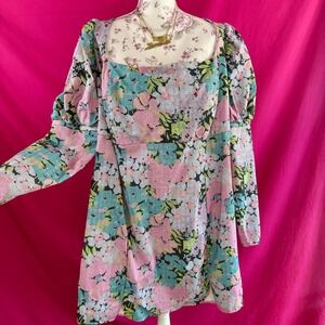 ASOS Curve Puff Sleeve Floral Mini Dress Plus Size 22 Long Sleeve Open Back Tie